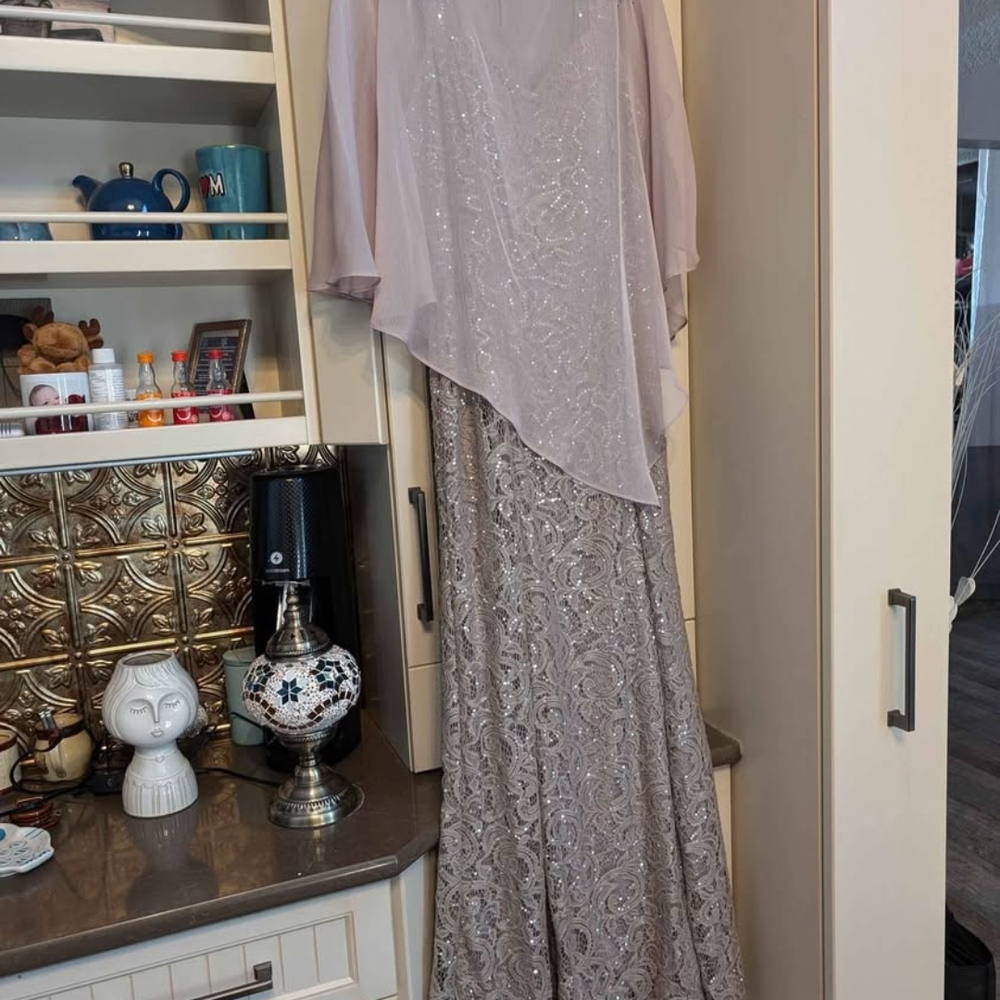 Elegant Silver Evening Gown with Sheer Overlay